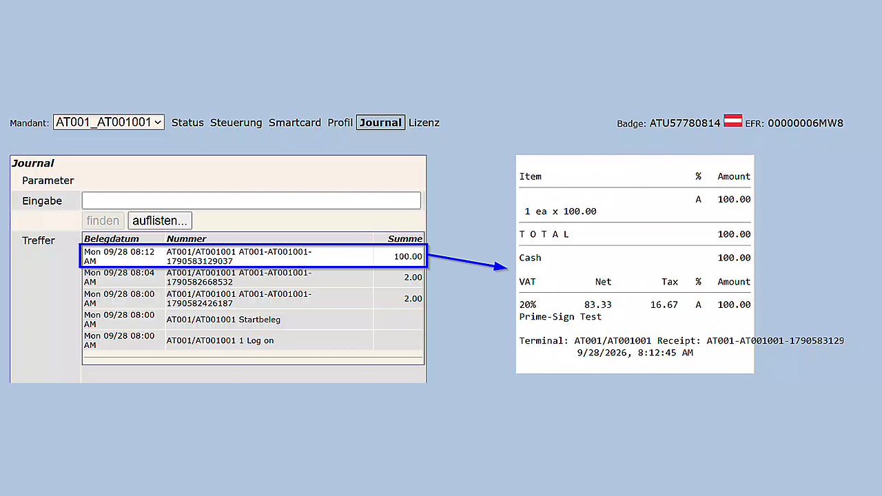 EFSTA EFR journal showing an Austrian fiscal transaction with VAT and signature information