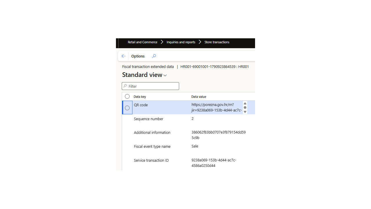 Croatian fiscal transaction extended data showing its QR code, sequence number and service transaction ID