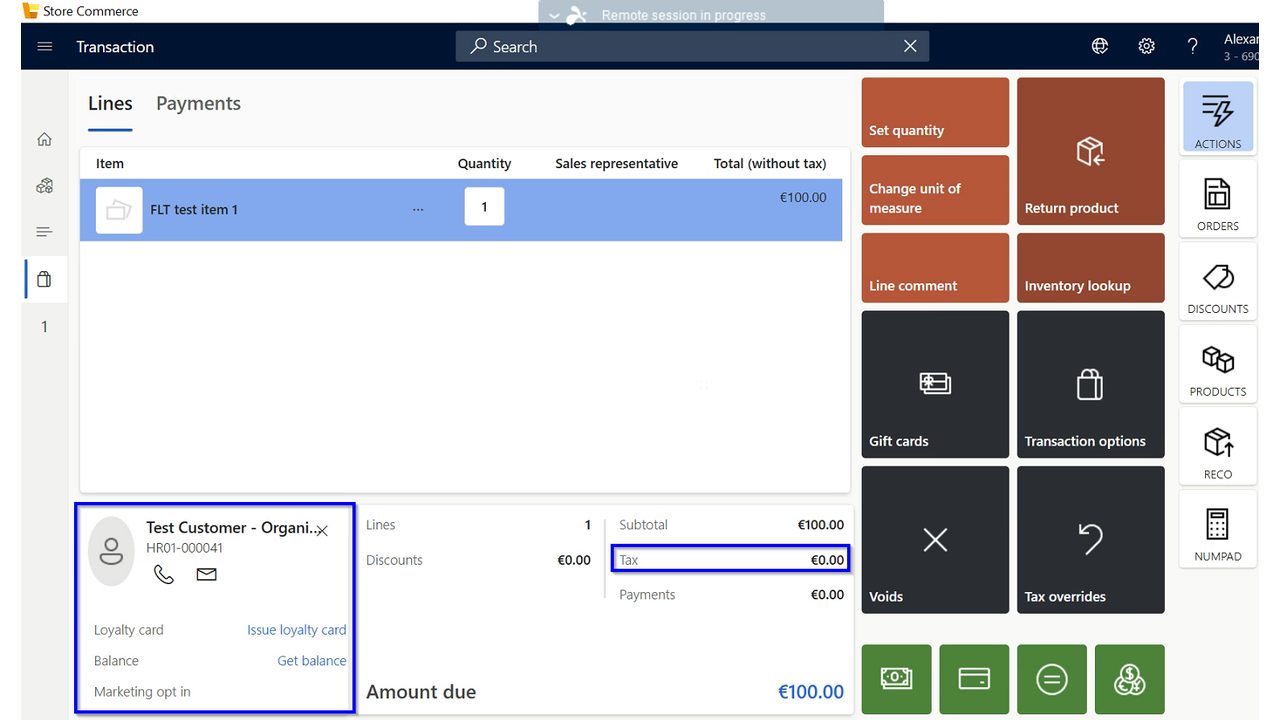 Store Commerce B2B sale with the organization customer attached to the transaction