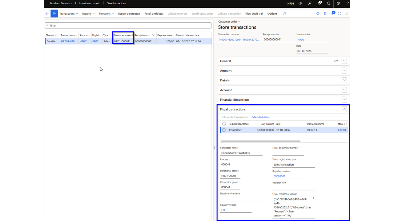 B2B fiscal transaction in Dynamics 365 Finance and Operations with customer account and completed fiscal processing