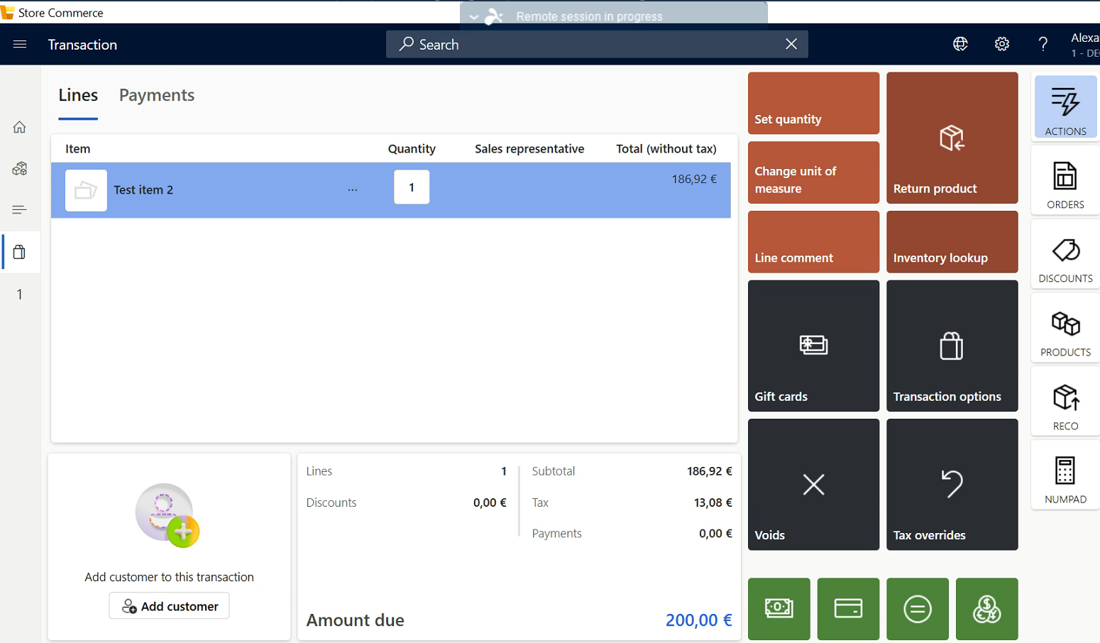 Store Commerce POS transaction screen for a sale in Germany