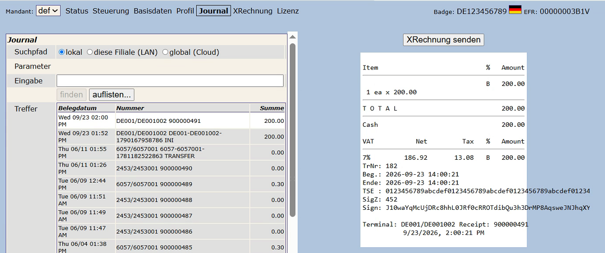 EFSTA EFR journal showing a Germany fiscal transaction and its receipt with TSE information