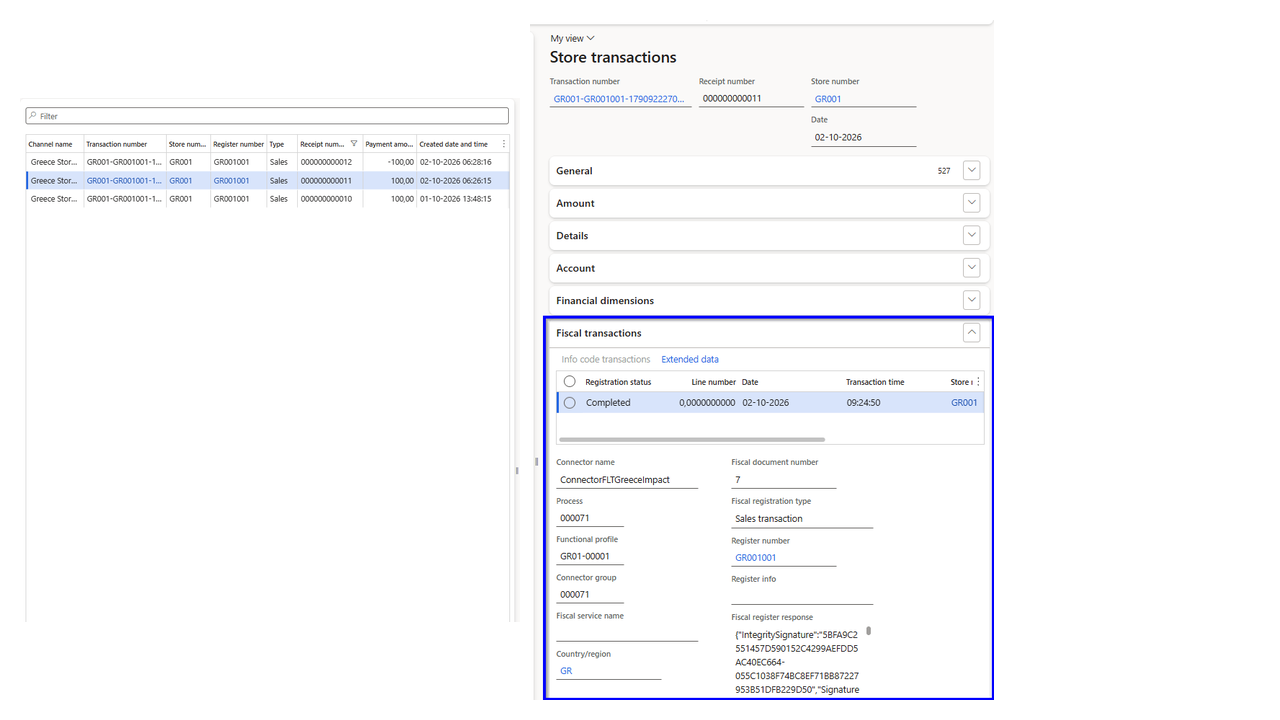 Commerce transaction in Dynamics 365 Finance and Operations with completed Greece fiscal registration and IMPACT response data