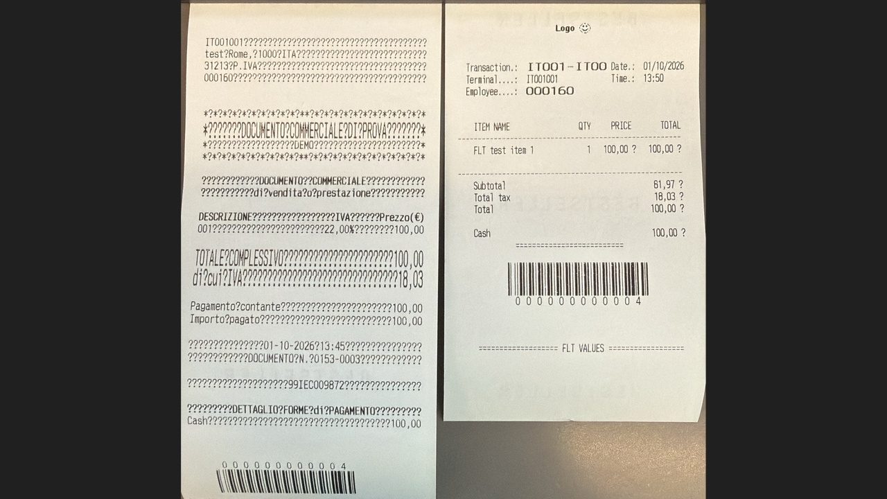 Epson fiscal receipt for a completed Store Commerce sale with question marks replacing some text