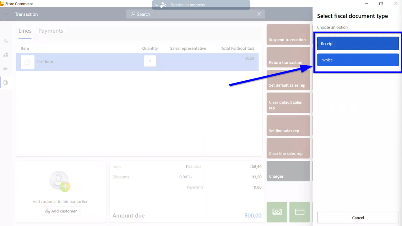 Store Commerce fiscal document type selection with Receipt and Invoice options