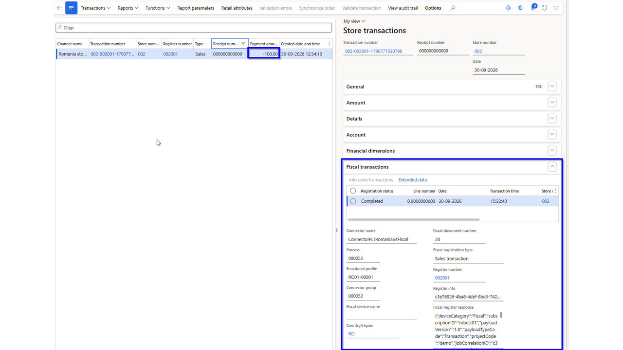 Returned Romanian transaction in Finance and Operations with fiscal processing and traceability