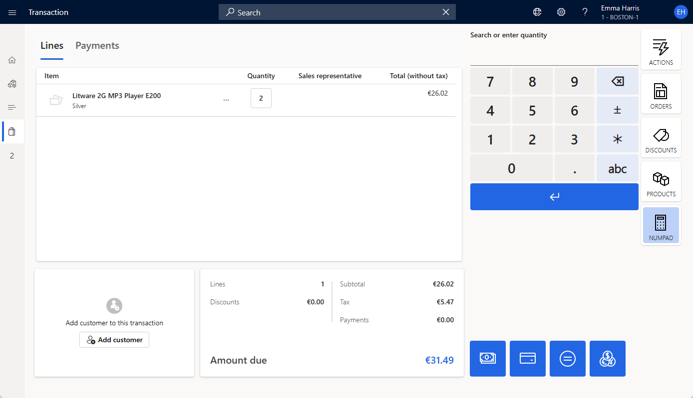Store Commerce POS transaction screen with an in-progress sale