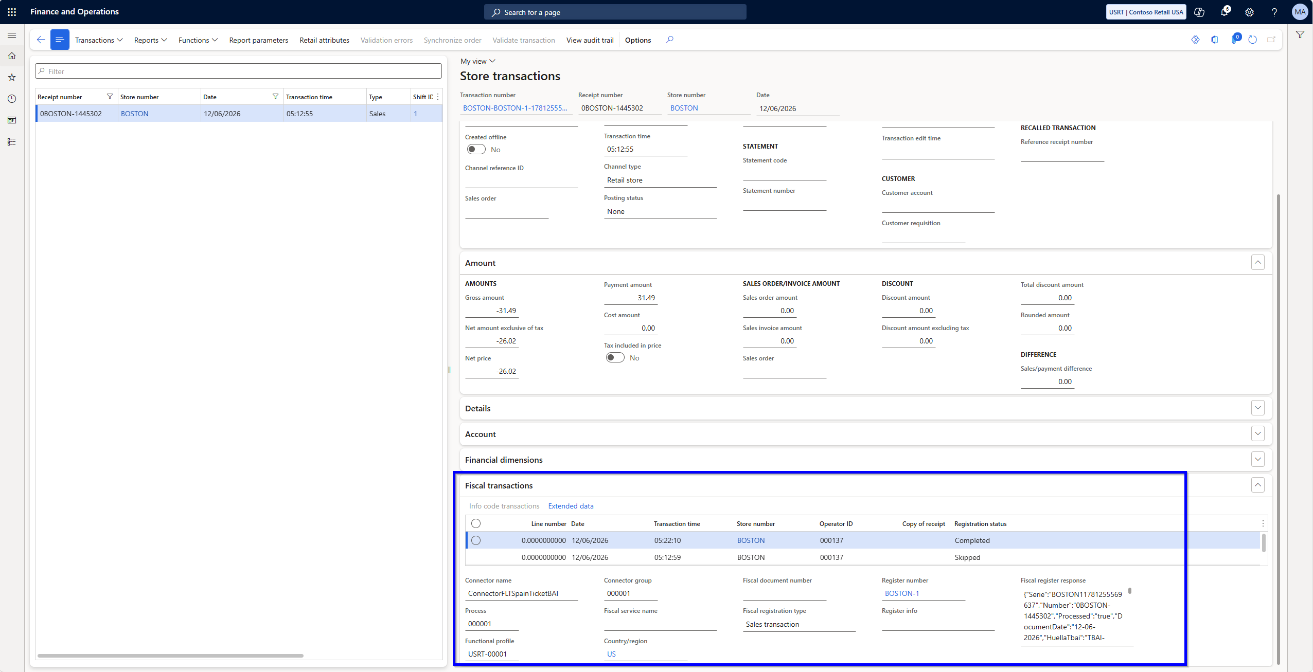 Finance & Operations store transaction with the related fiscal transaction