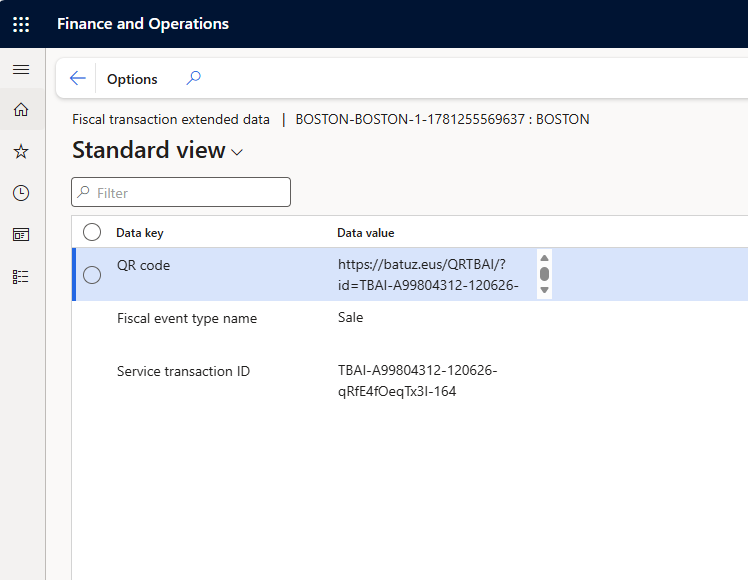 Finance & Operations fiscal transaction extended data with QR code and service transaction ID
