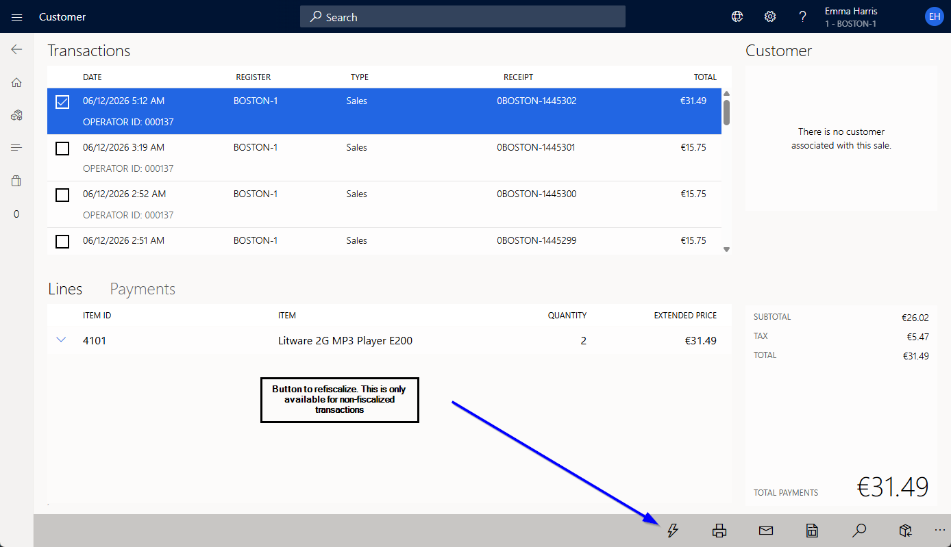 POS Show journal screen with the refiscalize action for non-fiscalized transactions