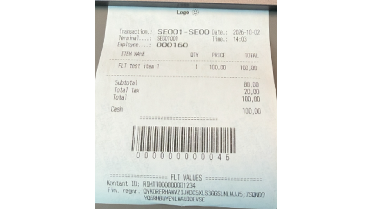 Swedish fiscal receipt showing the CleanCash control code and register/device information