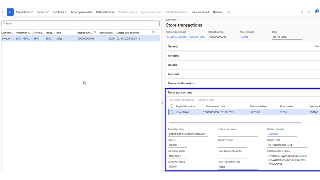 CleanCash fiscal registration linked to its commerce transaction in Dynamics 365 Finance and Operations
