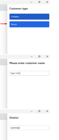 Store Commerce prompts for customer type, customer name and district