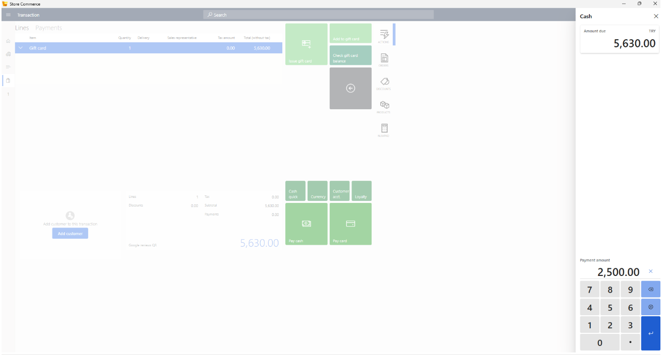 Store Commerce cash payment panel with a partial amount entered