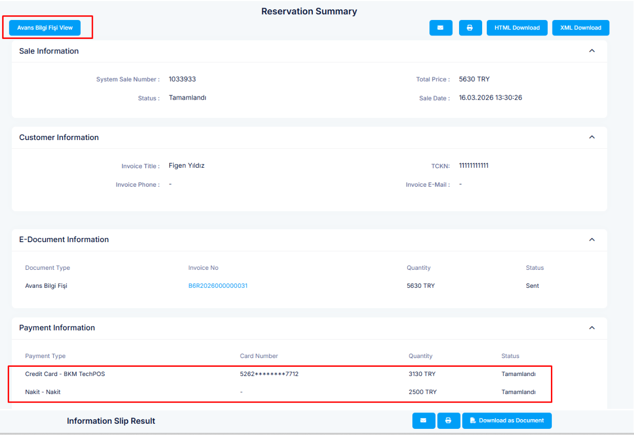 PAVO document summary with sale, customer, e-document and split-payment information
