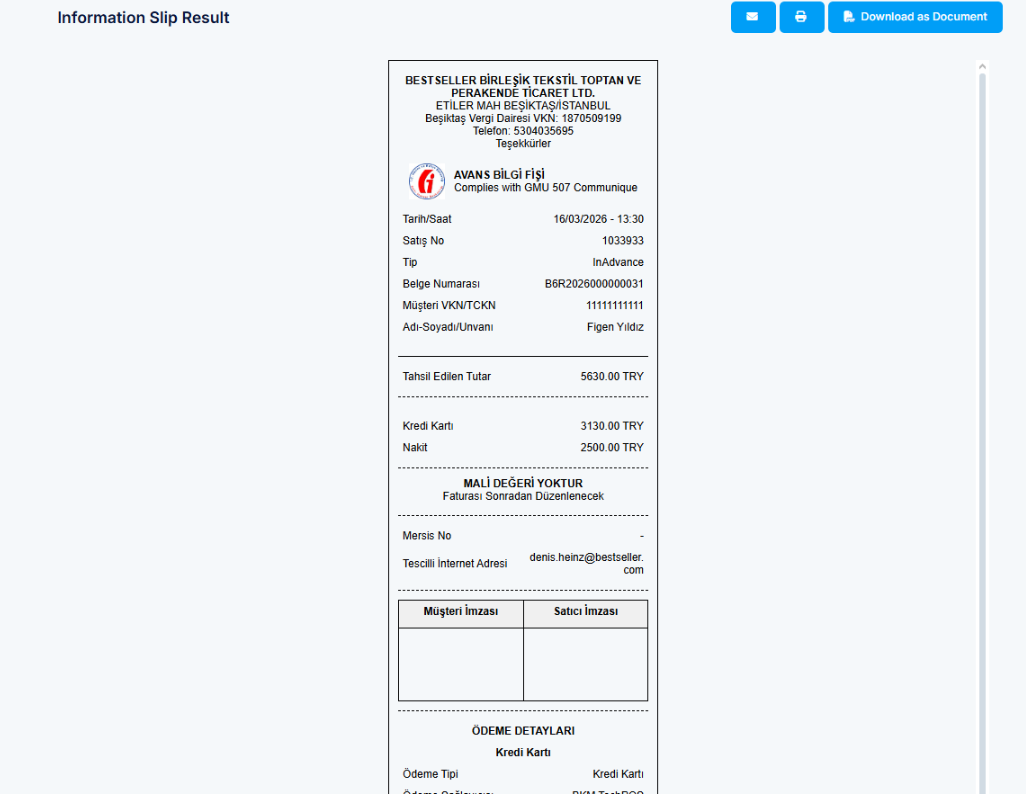 PAVO advance-payment information slip with view and download options